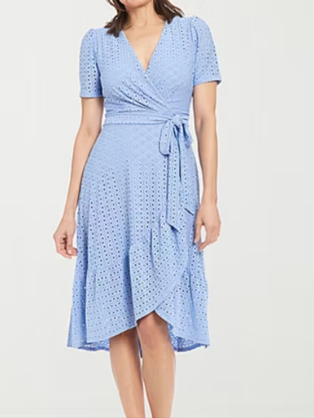 Longdon Style Collection Light Blue Eyelet Faux Wrap Midi Dress Size 18